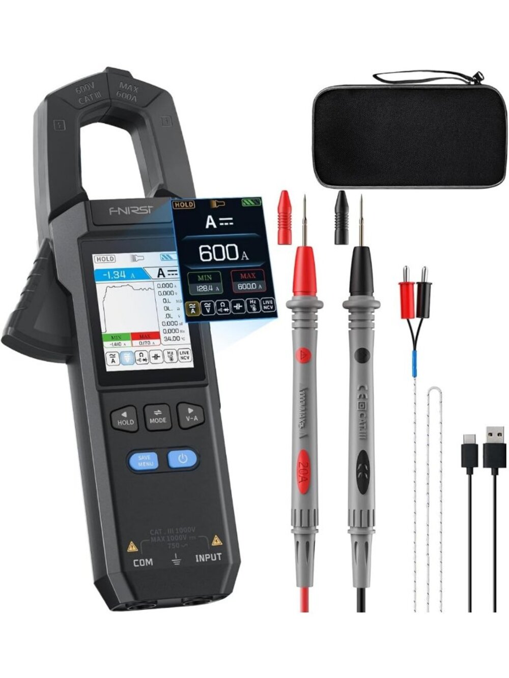 High Precision Clamp Meter 9999 Counts TRMS, 600A AC/DC Amperage Tester